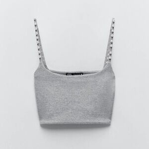 Zara Gray Pearl-Strap Ribbed Crop Top